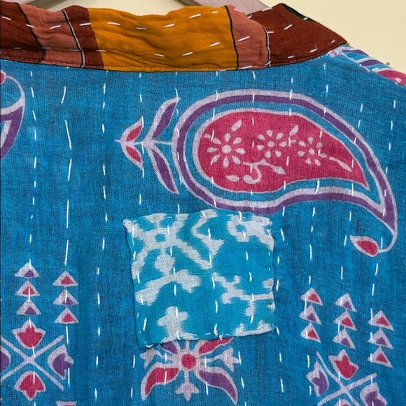 Handmade India Kantha Stitch Cotton Floral Contrast Tie Pockets Duster Cardigan - Picture 17 of 17